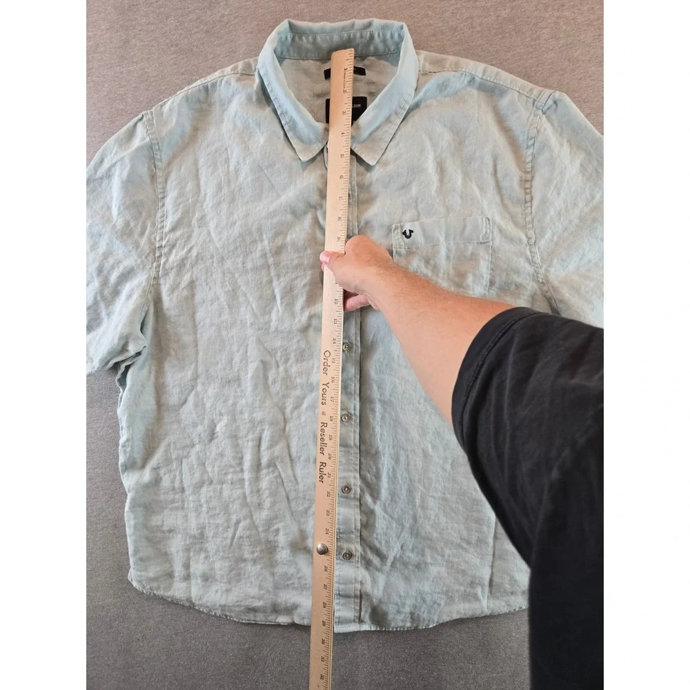 True Religion Shirt Mens 3XL Blue Linen Button Up Short Sleeve Slim Fit Resort